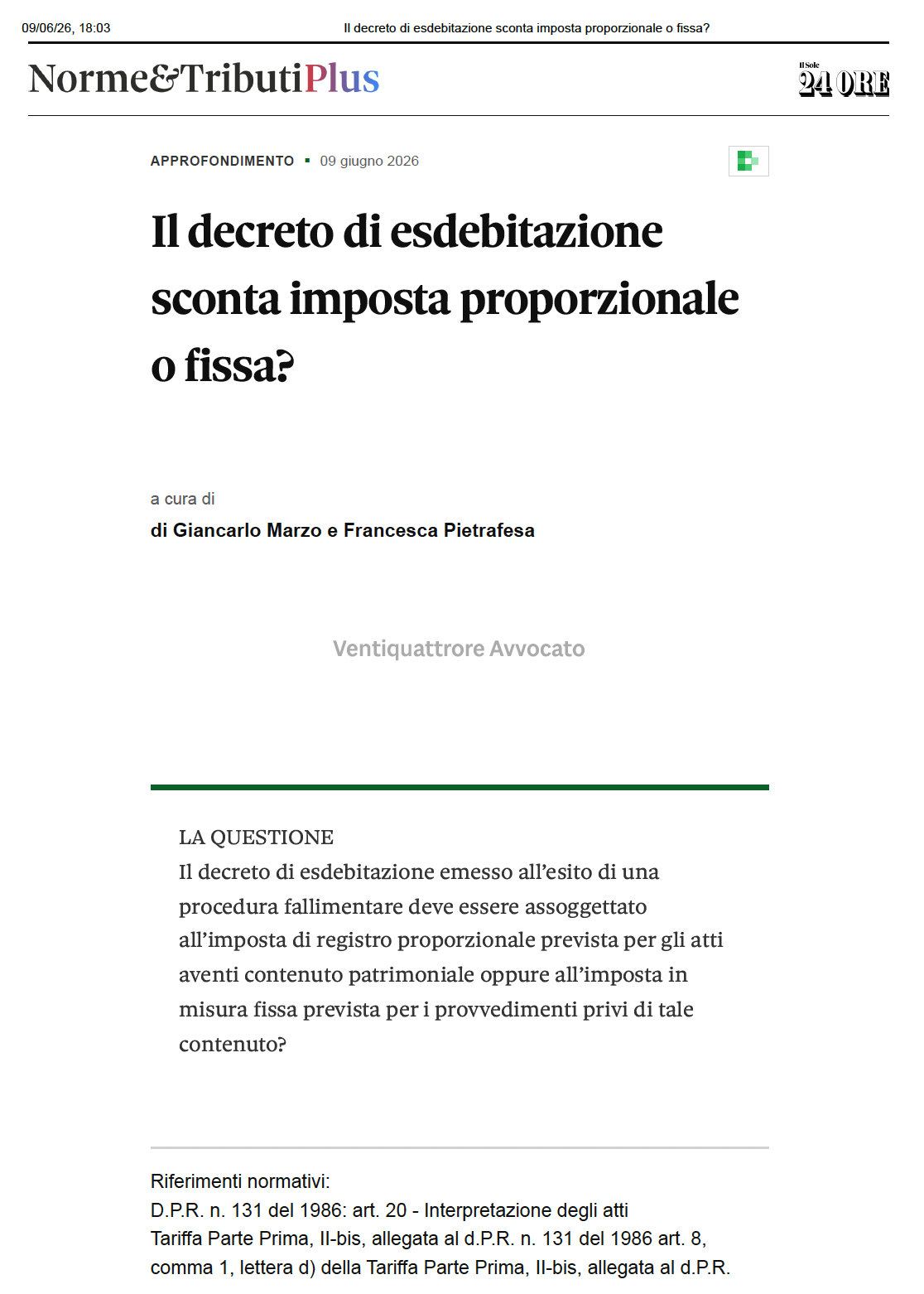 Il decreto di esdebitazione sconta imposta proporzionale o fissa?