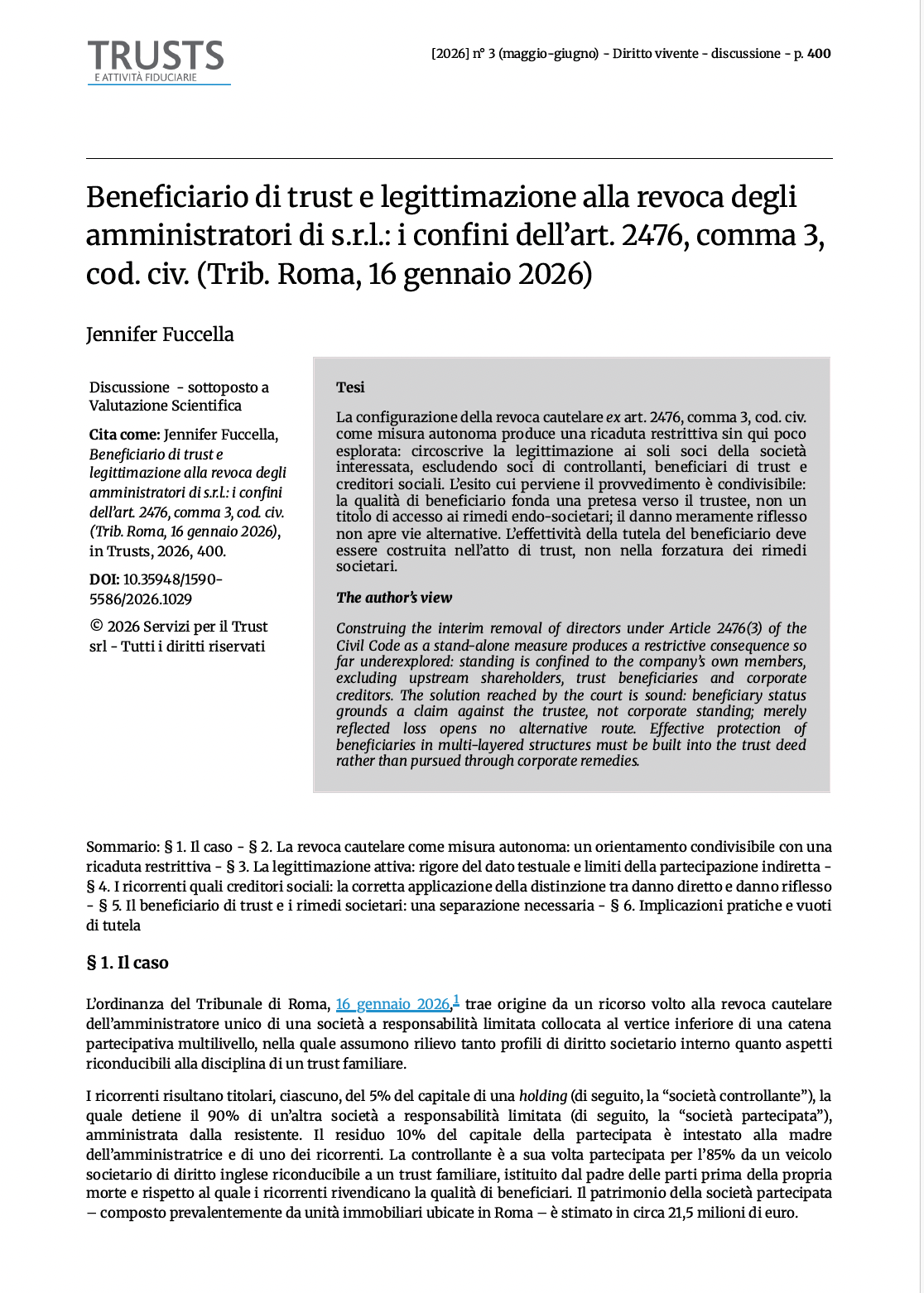 Beneficiario di trust e revoca amministratori s.r.l. (Trib. Roma 16 gennaio 2026)
