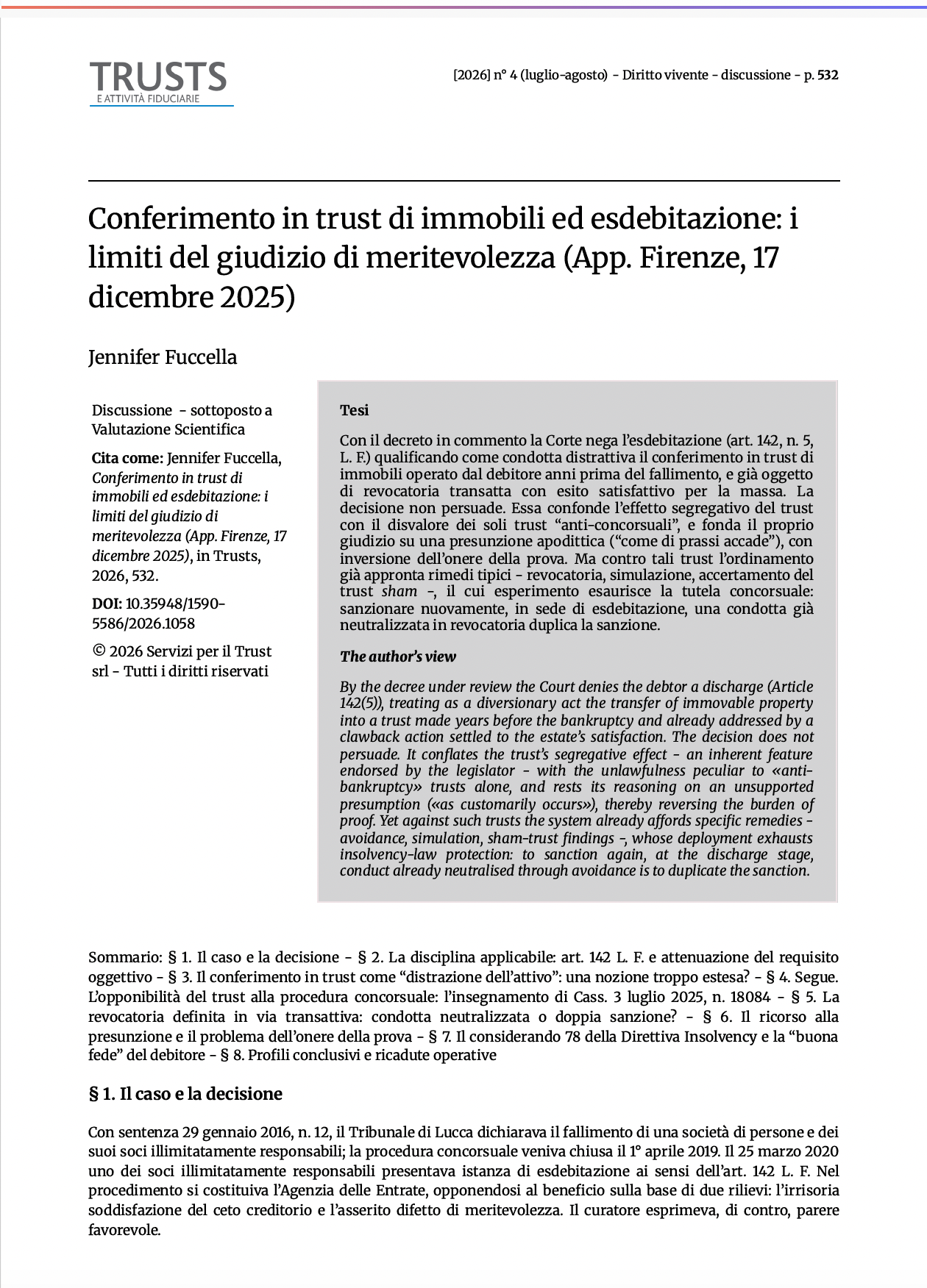 Conferimento in trust di immobili ed esdebitazione: i limiti del giudizio di meritevolezza (App. Firenze, 17 dicembre 2025)