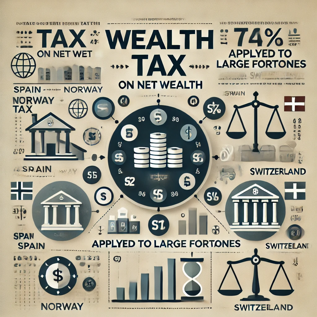 Patrimonio e fisco : 
infografica che evidenzia la tassa sul patrimonio netto nei principali paesi europei come Spagna, Norvegia e Svizzera, con testo chiaro che indica 'Tassa sul Patrimonio' e 'Applicata su Grandi Fortune'. L'immagine utilizza icone di asset e bilance per rappresentare visivamente il concetto di una tassa diretta sul patrimonio